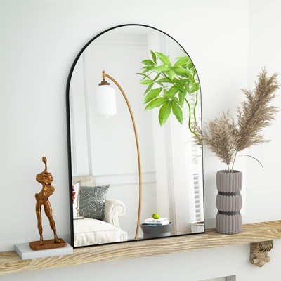 20" x 30" Arched Mantle Mirror, Black/Gold-HOMLUX: Metal Frame, Wall Mount, Modern Decor