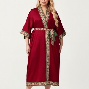 Anna-Kaci Lounge Women's Plus Size Long Robe with Decorative Trim Detailing and Soft Flowing Fabric - 1 of 4
