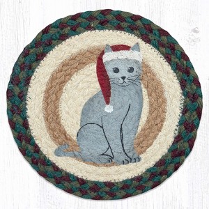 Earth Rugs Handmade Festive Trivet – Round Jute Mat with Santa Hat Cat Design - 1 of 3