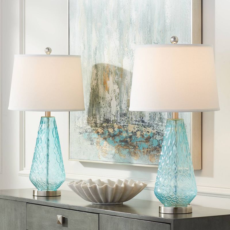 360 Lighting Dylan Modern Coastal Table Lamps 27 1/2" Tall Set of 2 Blue Textured Diamond Glass White Fabric Drum Shade for Bedroom Living Room House, 2 of 8