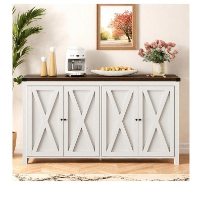 Modern Wooden Sideboard Buffet Cabinet With 4 Doors And Open Shelves Kitchen Storage Island Multi Functional Console Table For Dining Room, White