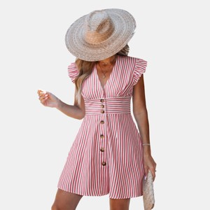 Women's Striped Button-Down Ruffle Sleeve Dress - Cupshe - 1 of 4