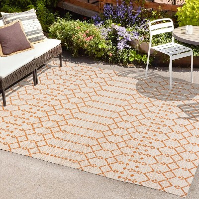 Cream and Orange Geometric Flatweave Indoor/Outdoor Rug