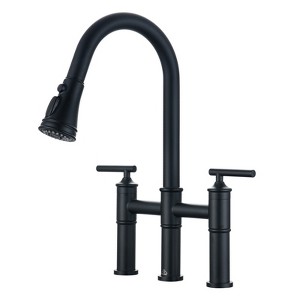 CASAINC Double Handle Bridge Kitchen Faucet with Three Function Pull-Down Sprayhead in Brushed Gold - 1 of 4