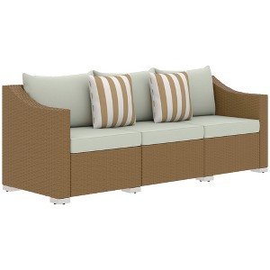 Outsunny 3 Seater Patio Wicker Sofa, Outdoor Furniture Rattan Couch with Cushions, Throw Pillows, for Garden, Backyard, Porch - 1 of 4