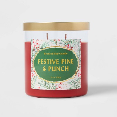 15.1oz Lidded Glass Jar 2-Wick Candle Festive Pine & Punch - Opalhouse™