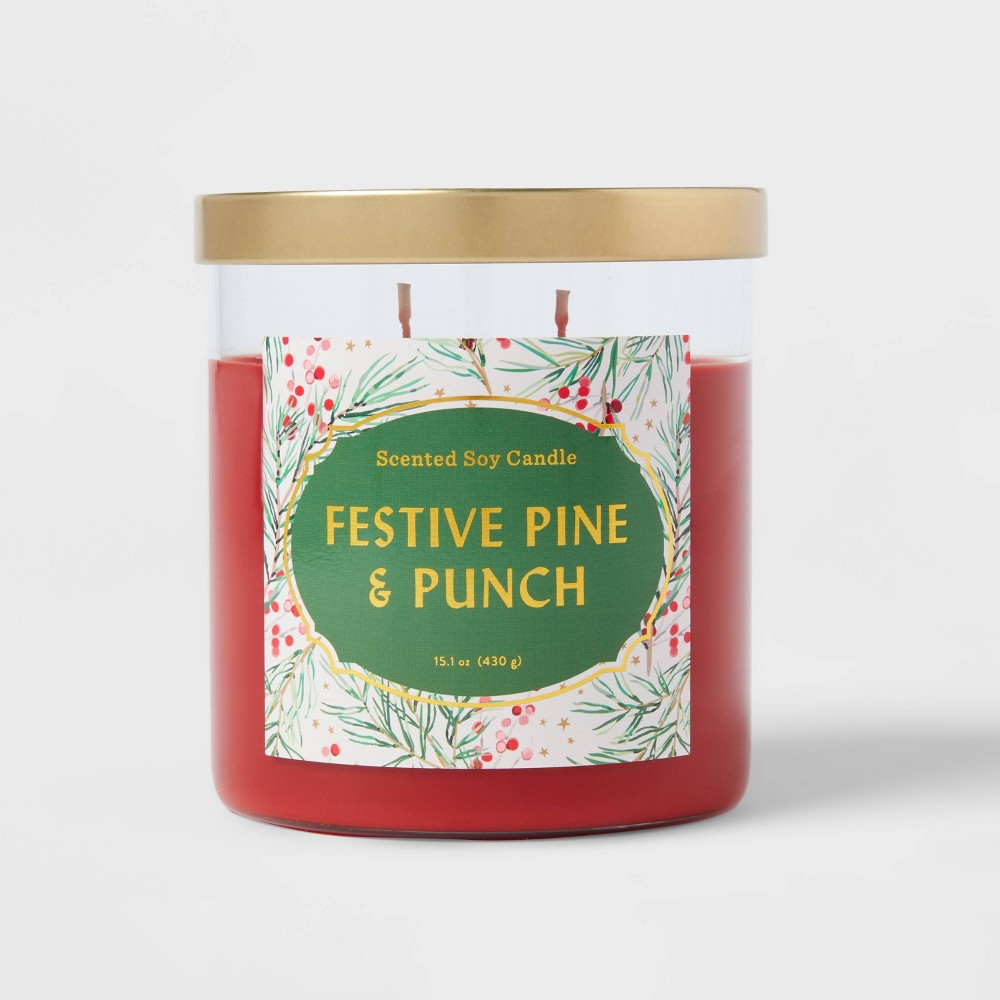 15.1oz Lidded Glass Jar 2-Wick Candle Festive Pine & Punch, Opalhouse