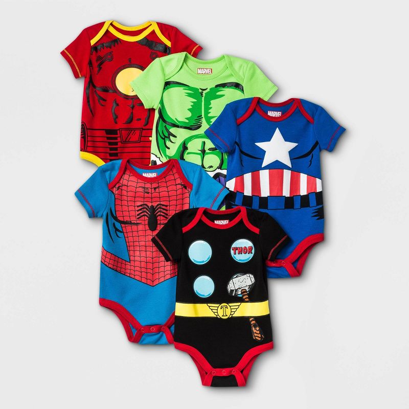 Baby Boys' 5pk Marvel Superheroes Jersey Knit Short Sleeve Bodysuits, 1 of 2