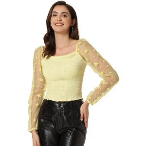 INSPIRE CHIC Women's Square Neck Mesh Sheer Star Print Long Sleeve Textured Crop Blouse - 1 of 4