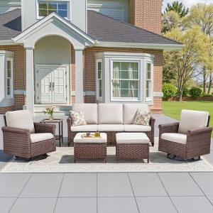 Buenhomino 5-Piece Outdoor Lounge Set with Sofa, Swivel Chairs, Ottomans & Coffee Table, All-Weather Wicker & Olefin Cushions - 1 of 4