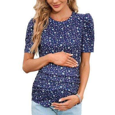 Women's Floral Puff Sleeve Ruched Side Tunic Blouses Shirts