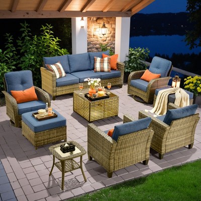 XIZZI Patio Furniture Sets Designed for Outdoor Relaxation, Comfy 3.5-Inch Cushions & 360° Swivel Action for Extra Comfort, 9 Pcs/Set, Denim Blue