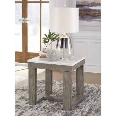 Light Brown Wood End Table with White Marble Top