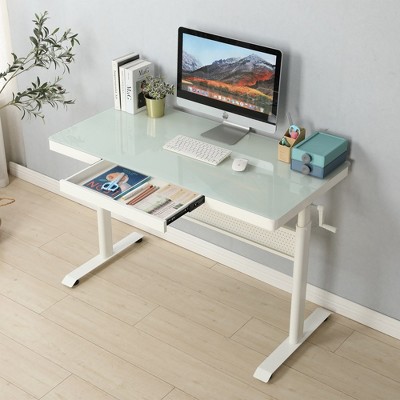 Tempered Glass Standing Desk with Metal Drawer , Adjustable Height Stand up Desk, Sit Stand Home Office Desk, Ergonomic Workstation