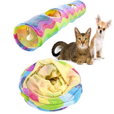 Cat Long Straight Plush Tunnel Toy With Ball,Foldable Scratch-resistant Hideout Tunnel Pet Supplies (Rainbow Wave)