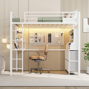 Twin Size Loft Bed with Desk, 4 Large Fabric Drawers and Open Shelves, Heavy Duty Metal Loft Bed with LED Lights, Power Outlets, No Box Spring Needed - 1 of 4