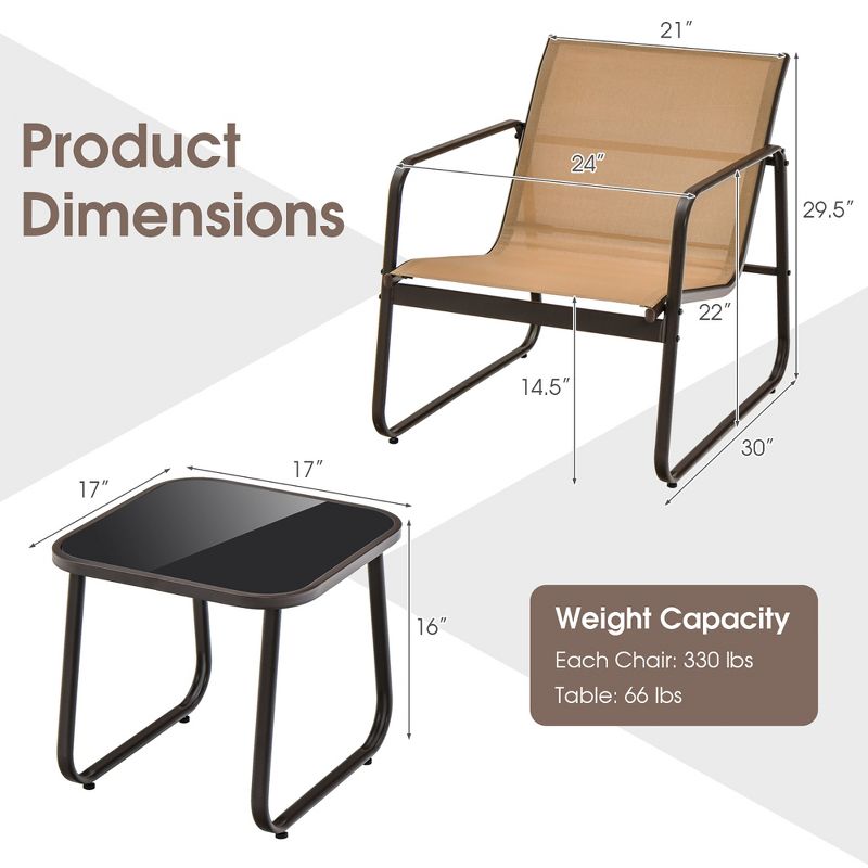 Costway 3 Pieces Patio Conversation Set Outdoor Metal Chair & Table Tempered Glass Top, 4 of 11