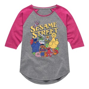 Girls' - Sesame Street - SS Group Flowers Shirt Tail Raglan Graphic T-shirt - 1 of 3