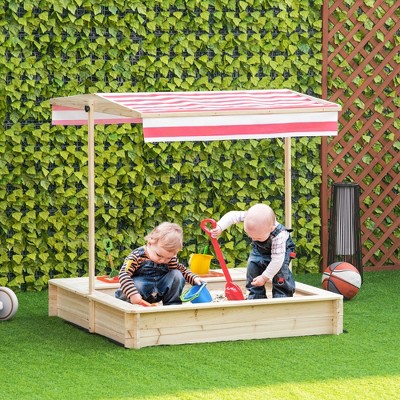 Natural Fir Wood Square Sandbox with Adjustable Red Canopy