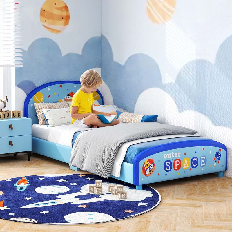 Honeyjoy Children Twin Size Upholstered Platform Single Bed with Headboard & Footboard Blue, 2 of 11