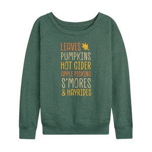 Women's - Instant Message - Fall Bucket List Leaves, Pumpkins, Hot Cider Lightweight French Terry Wide Neck Long Sleeve Graphic Shirt - 1 of 4