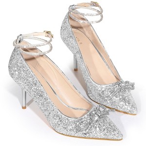 BLISSFUL STEP Women's Rhinestone Bow Glitter Pointed Toe Stiletto Heel Pumps - 1 of 4