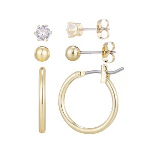 Adornia 14k Gold Plated Hoop, Solitaire and Ball Stud Set - 1 of 4