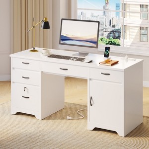 Bestier 59'' Office Desk with Charging station& Keyboard Tray, Modern Executive Computer Desk with File Drawers & Cabinets for Study & Bedroom - 1 of 4