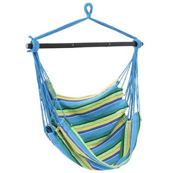 Sunnydaze Hanging Rope Hammock Chair Swing with Collapsible Bar for Backyard and Patio - 265 lb Weight Capacity - Ocean Breeze