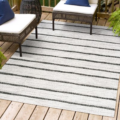 Ivory and Black Striped Synthetic 4' x 6' Indoor/Outdoor Rug