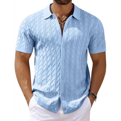 COOFANDY Men' s Knit Shirts Button Up Short Sleeve Open Knitted