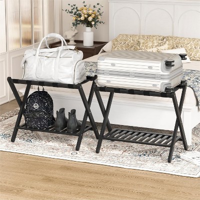 Luggage Rack set of 2 Bamboo Folding Suitcase Stand with storage shelf for guest room Living Room
