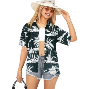 HAPPY BAY Hawaiian Shirts Womens Casual Summer Beach Tropical Tops Blouses Short Sleeve Button Up Dress Shirts Coverup Dresses for Women - 1 of 4