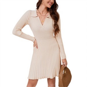 Clearlove Women's Knit Pleated Dress with Notched Collar Long Sleeve Stretchy Sweater Dress Fall Winter Elegant Outfit - 1 of 4