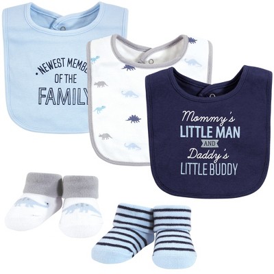 Image of Hudson Baby Infant Boy Cotton Bib and Sock Set, Newest Family Member, One Size