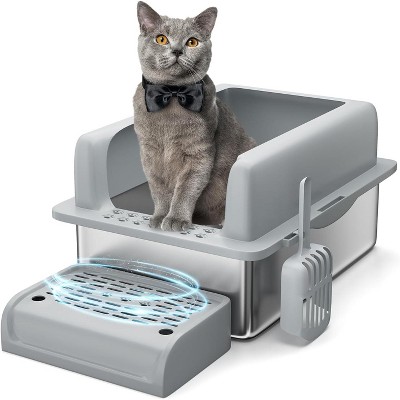 Stainless Steel Cat Litter Box with Cleaning Pedal, 6/8 Inch Deep, Dark Gray, High Wall Non-Stick Leak-Proof Cat Box, Easy to Clean for Indoor Cats