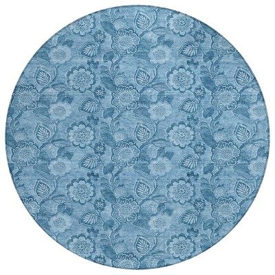 Blue And Denim Blue Floral Washable Indoor Outdoor Area Rug