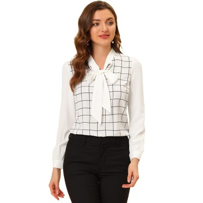 Allegra K Women's Plaid Casual Contrast Color Long Sleeve Bow Tie Neck Blouse