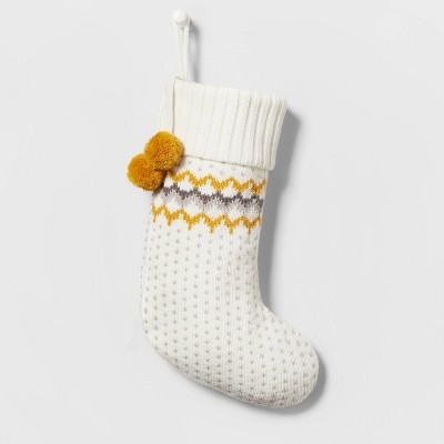 Fair Isle Knit Christmas Stocking with Ochre Poms Ivory - Wondershop™