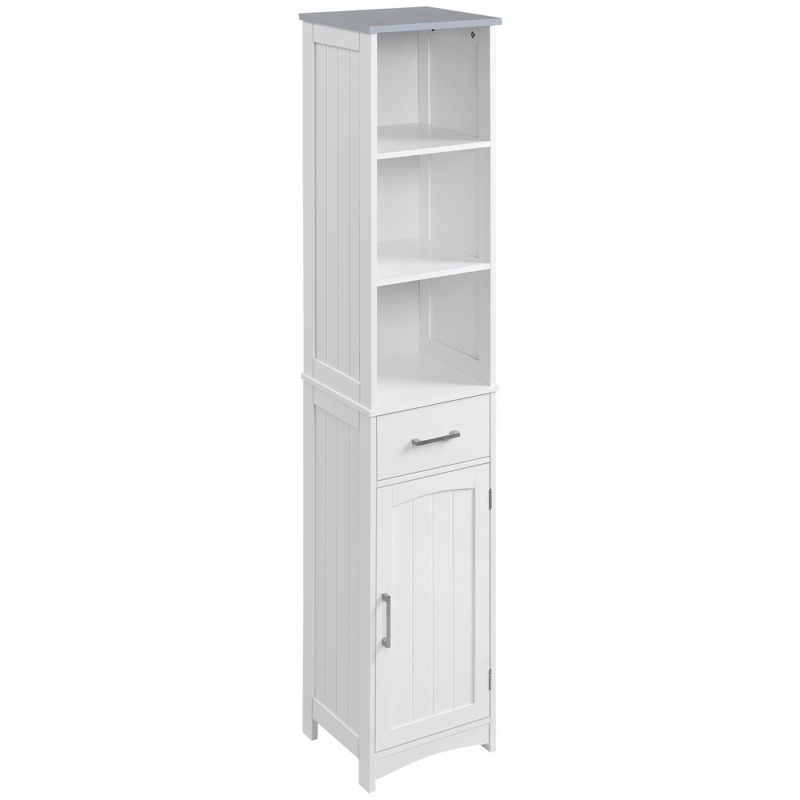 kleankin Tall Bathroom Storage Cabinet with 3 Tier Shelf, Cupboard, Drawer, Door, Freestanding Linen Tower, Slim Side Organizer, White, 5 of 8