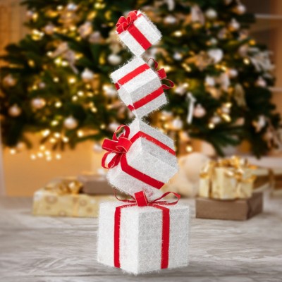 Syemin Decorative Holiday Scene Props 3FT Gift Box Tower Present Boxes Ornament Christmas Outdoor Indoor Decorations, White, 29..8"*29.8"*39.4"