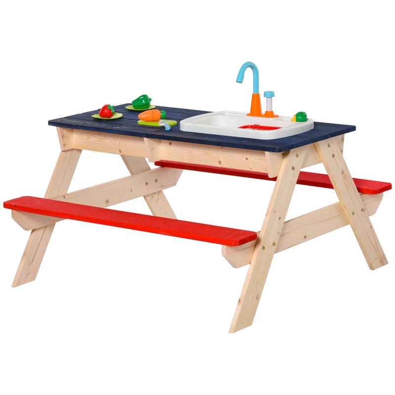 Outsunny Kids Picnic Table and Bench Set with Sandbox, Outdoor Sand & Water Table with Kitchen Toys, Water Circulation Faucet, Vegetable Accessories, 4 of 11
