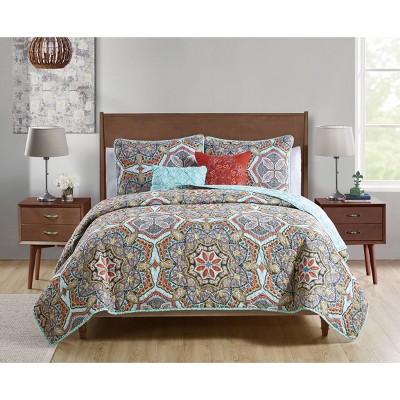 5pc Full/Queen Yara Reversible Medallion Quilt Set Turquoise Blue - VCNY
