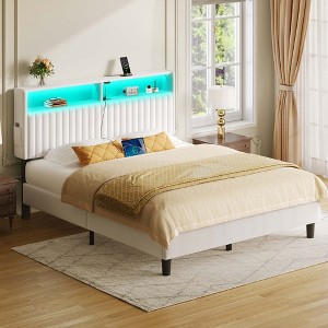 Greenstell  Bed Frame with Velvet Upholstered  Storage Headboard & Charging Station and  LED Light - 1 of 4