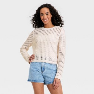 Women's Crochet Openwork Crewneck Pullover Sweater - Universal