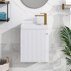 Contemporary 16" White Wall-Mounted Bathroom Vanity Combo Cabinet with Ceramic Basin - Ideal - 1 of 4