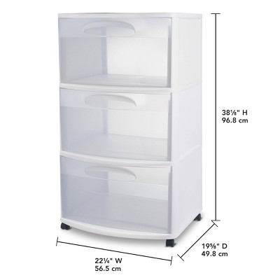 Sterilite Three Drawer Wide Cart White with Clear Drawers