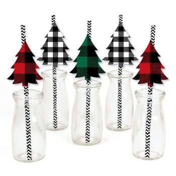 Big Dot of Happiness Holiday Plaid Trees - Paper Straw Decor - Buffalo Plaid Christmas Party Striped Decorative Straws - Set of 24