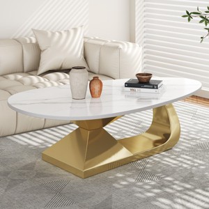 Faux Marble Top Coffee Table,Oval Modern Accent Table with Stainless Steel Base,Versatile Furniture for Living Room or Office-Cuddlewood - 1 of 4