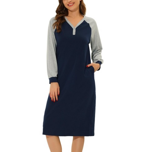 Cheibear Women's Sleepshirt Pajama Dress Long Sleeves With Pockets Henley  Lounge Nightgown Blue Medium : Target
